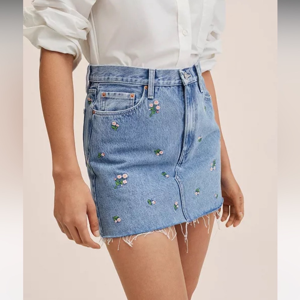 Mango Floral Embroidered Denim Skirt